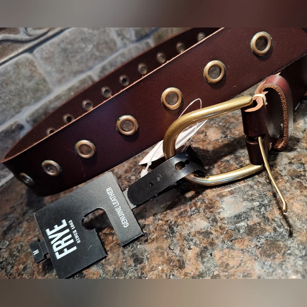 Frye Dark Brown Leather Grommet Belt with Antique Brass Buckle